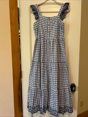 Shabby Chic Blue Gingham Tiered Sundress with Lace Straps Picnic Ready